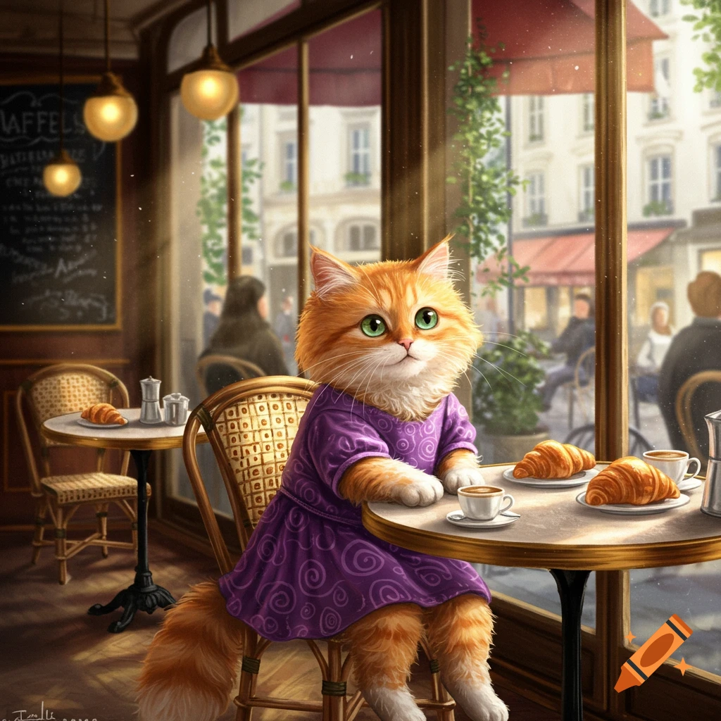 An orange cat in a purple dress sitting at a table in a cafe with croissants and coffee.
