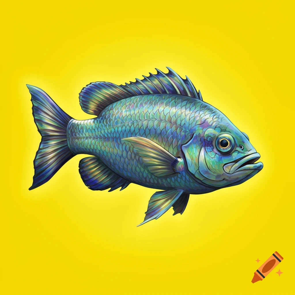 A colorful fish on a bright yellow background.