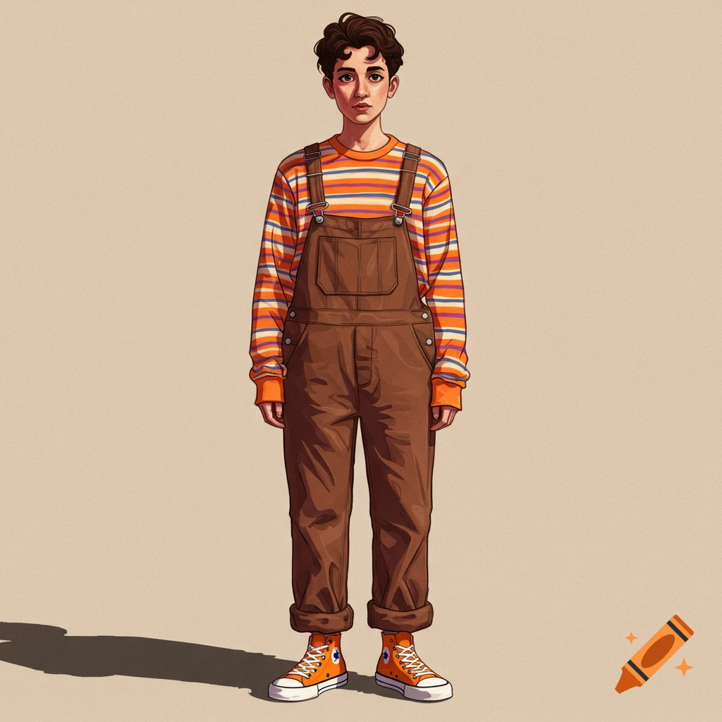 A person wearing an orange striped shirt, brown overalls, and orange shoes.