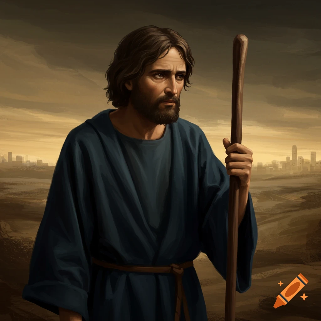 A man in a blue robe holds a staff while looking towards a distant city