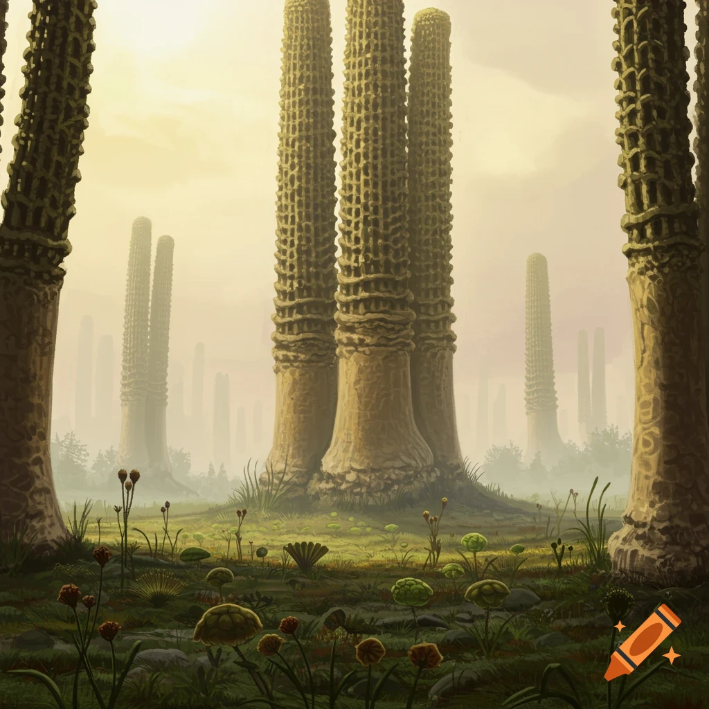 A prehistoric landscape with tall column-like plants and smaller ground cover.