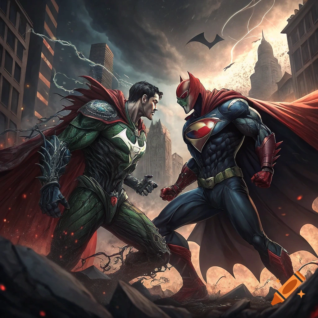 Comic book art of Spawn facing off against Superman in a ruined city.