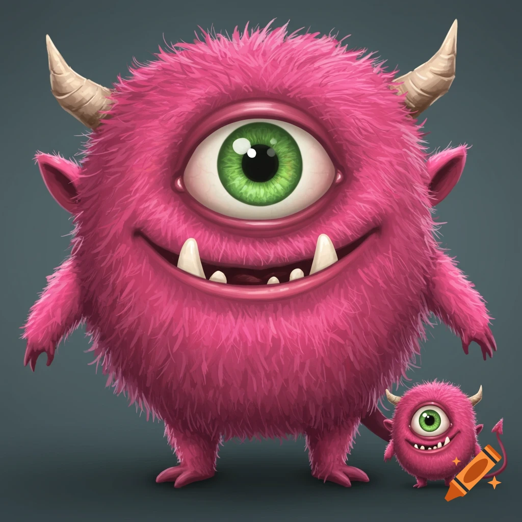 A large, fluffy pink monster with one green eye and horns stands next to a small, similar monster.