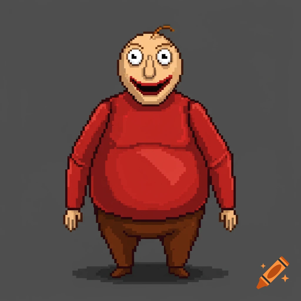 Pixel art of a fat character wearing a red shirt and brown pants.
