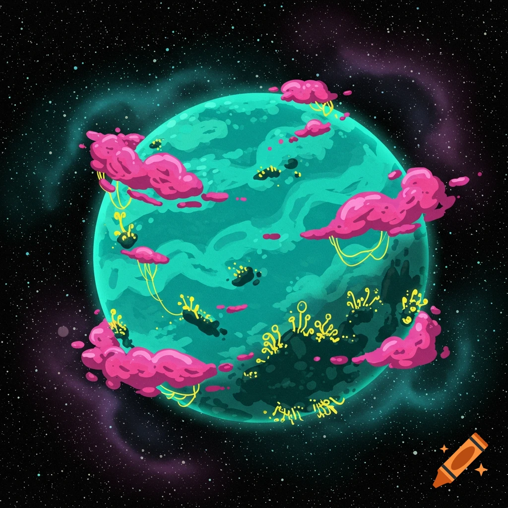 A cartoon-style illustration of a teal planet in space with pink clouds and yellow growths.