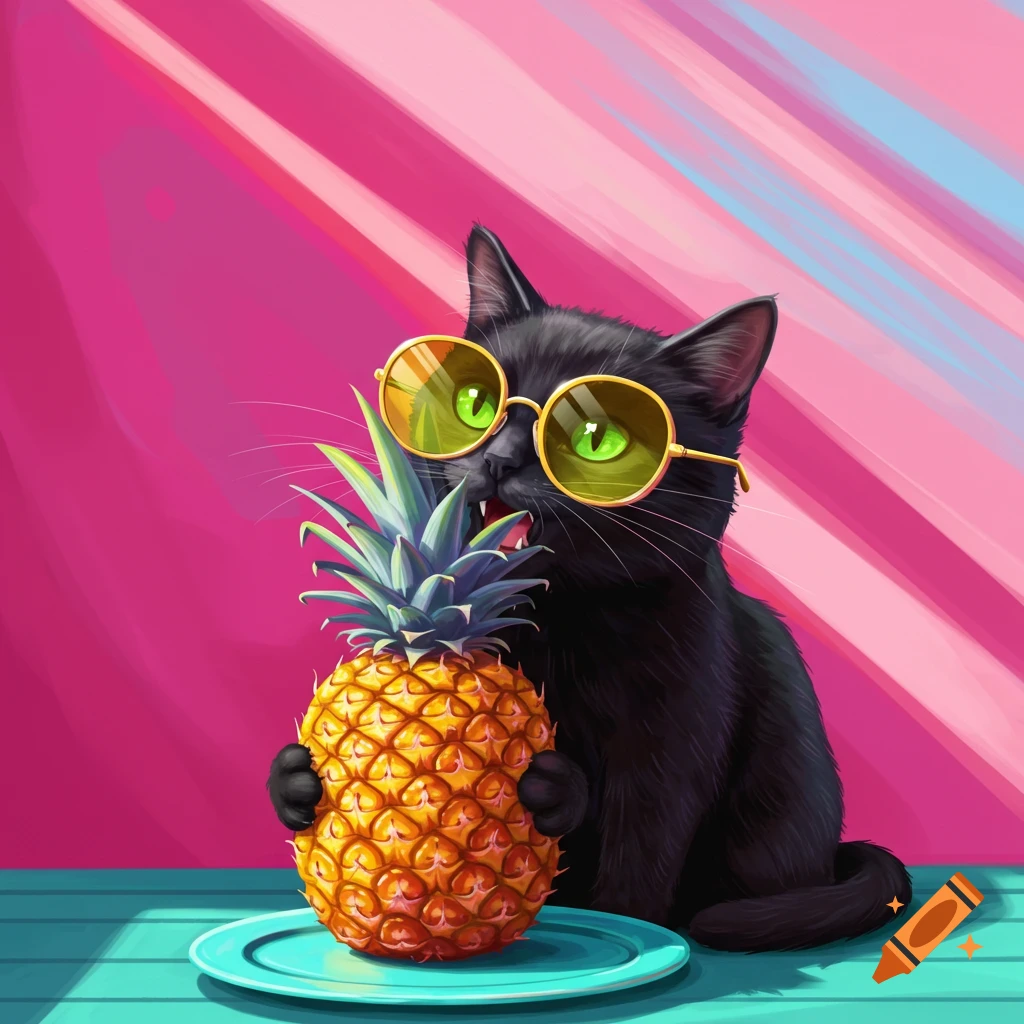 A black cat wearing yellow sunglasses eats a pineapple.