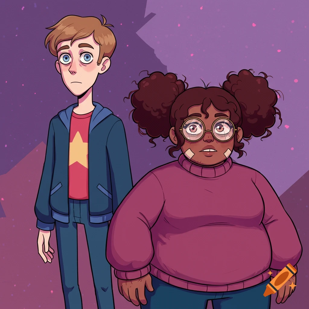 Illustration of a tall male in a blue jacket and star shirt next to a shorter female in a purple sweater and glasses.