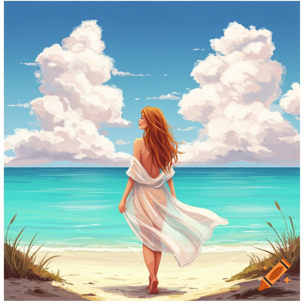 A woman in a sheer gown stands on a beach looking at the ocean.