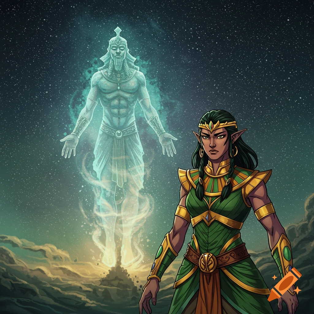 Illustration of a figure in green and gold standing before a glowing spirit disappearing into a starry mist.