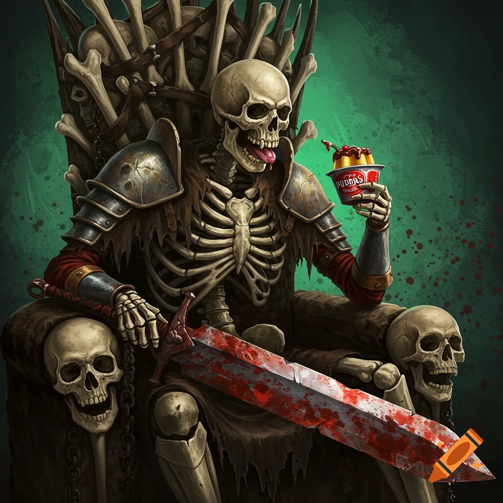 A skeleton in armor sits on a throne of bones, holding a bloody sword and a pudding cup.