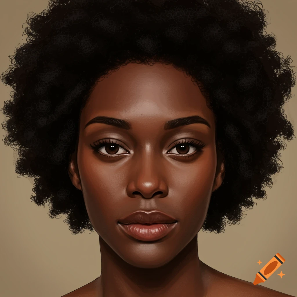 Portrait of a woman with dark skin, dark eyes, full lips, and short curly black hair.