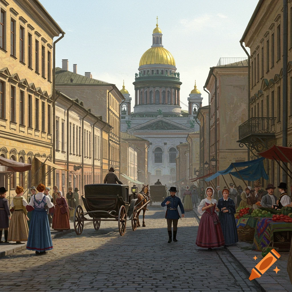 A 19th-century Russian street scene with a cathedral, people, carriages, and market stalls.