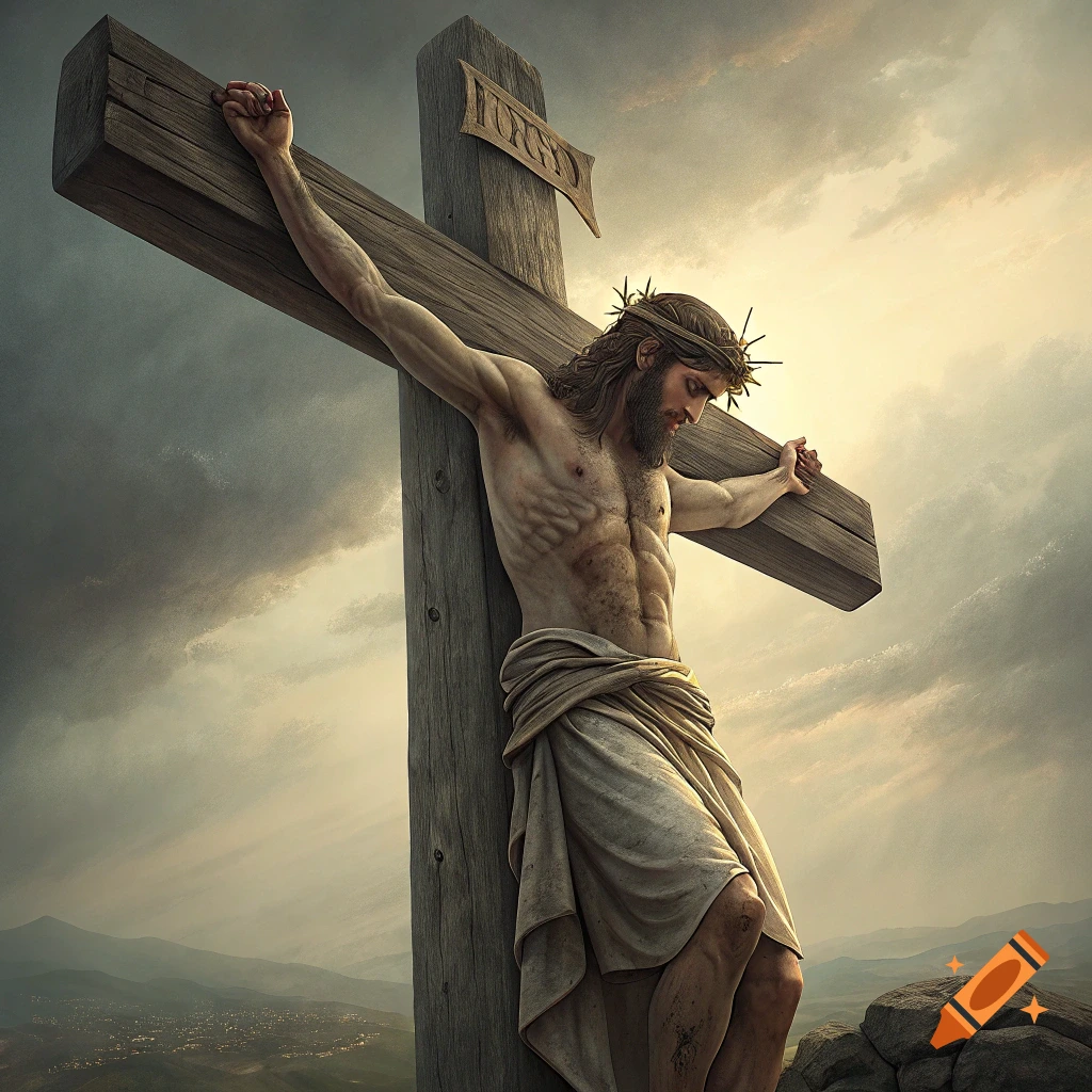 Painting of Jesus Christ on the cross under dramatic clouds