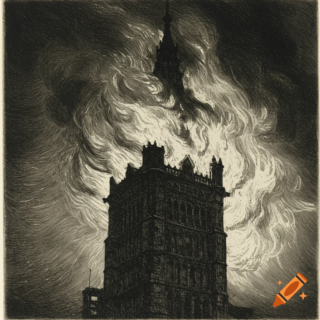 A dark etching of a tower against swirling smoke, in the style of James McNeill Whistler.
