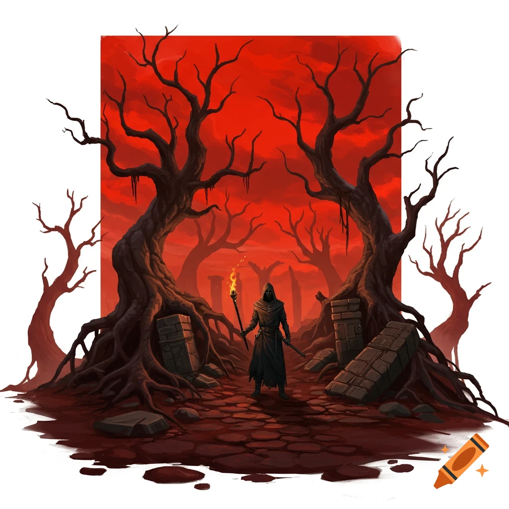 A hooded figure stands with a torch in a dark fantasy landscape with bare trees and a red sky.