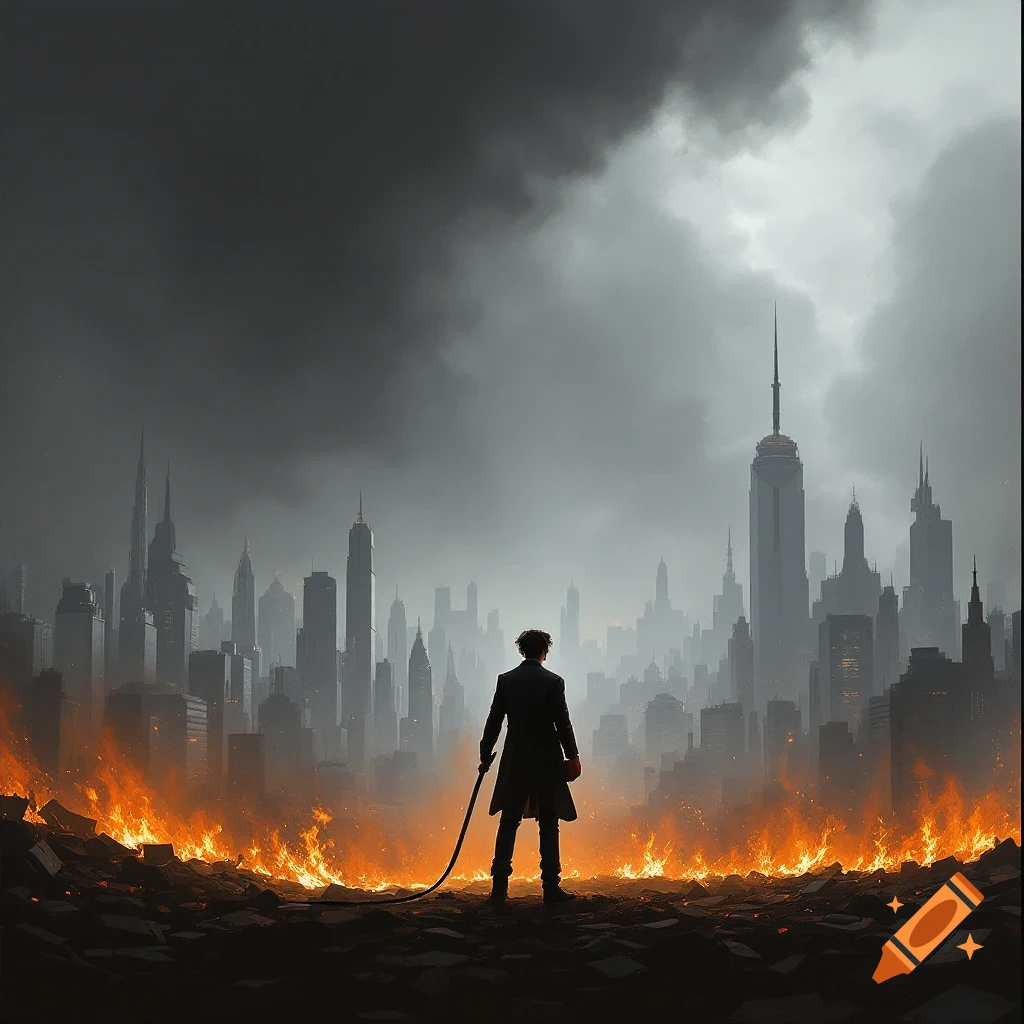 A figure stands before a burning cityscape under a dark sky.