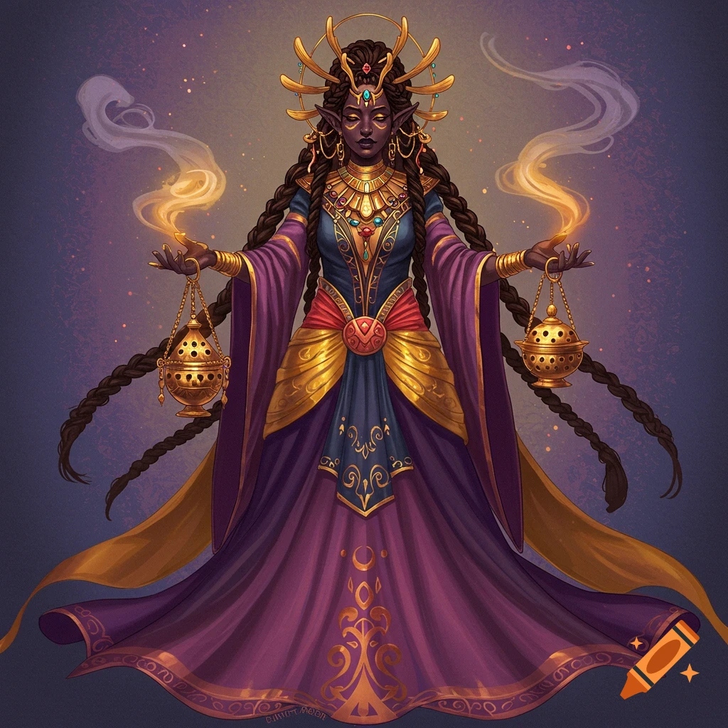 A fantasy queen holding two smoking incense burners.