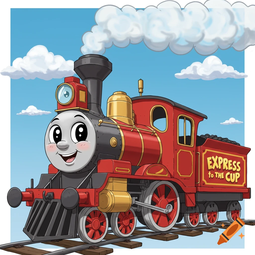 Cartoon red and black train with a smiling face, steam, and 'EXPRESS to the CUP' text on its side.