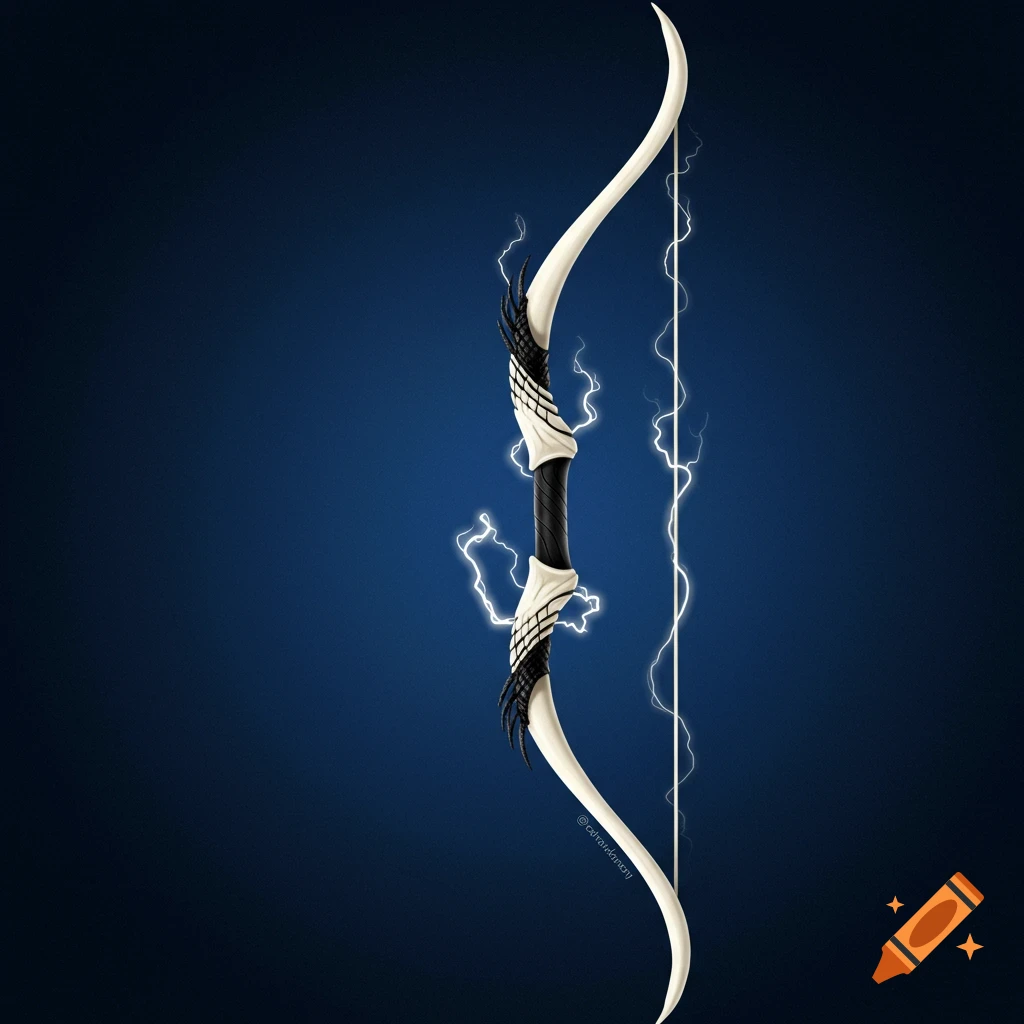 A white and black fantasy bow with a lightning string on a blue background.