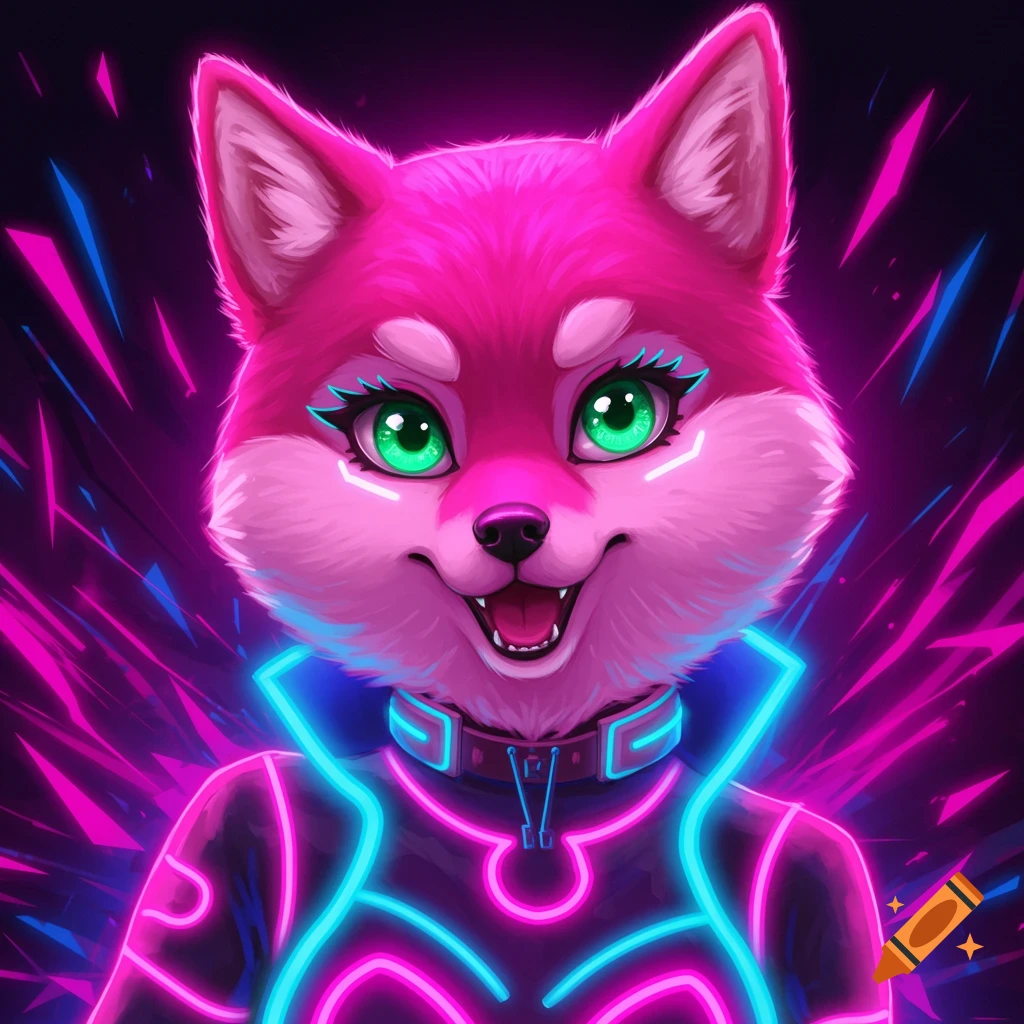 A pink Shiba Inu character in a futuristic neon outfit, anime cyberpunk style.