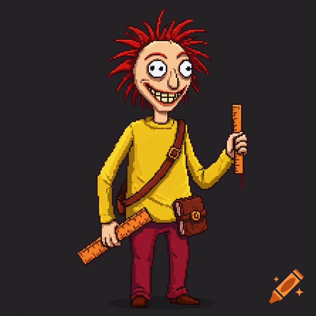 A pixel art character with red spiky hair, a creepy grin, yellow shirt, and red pants, holding rulers.