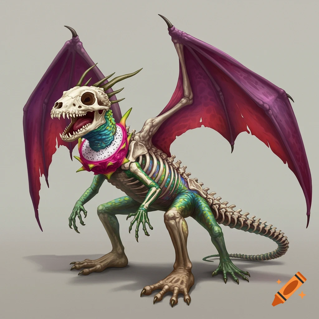 A skeletal lizard creature with purple wings and a dragonfruit ring around its neck.
