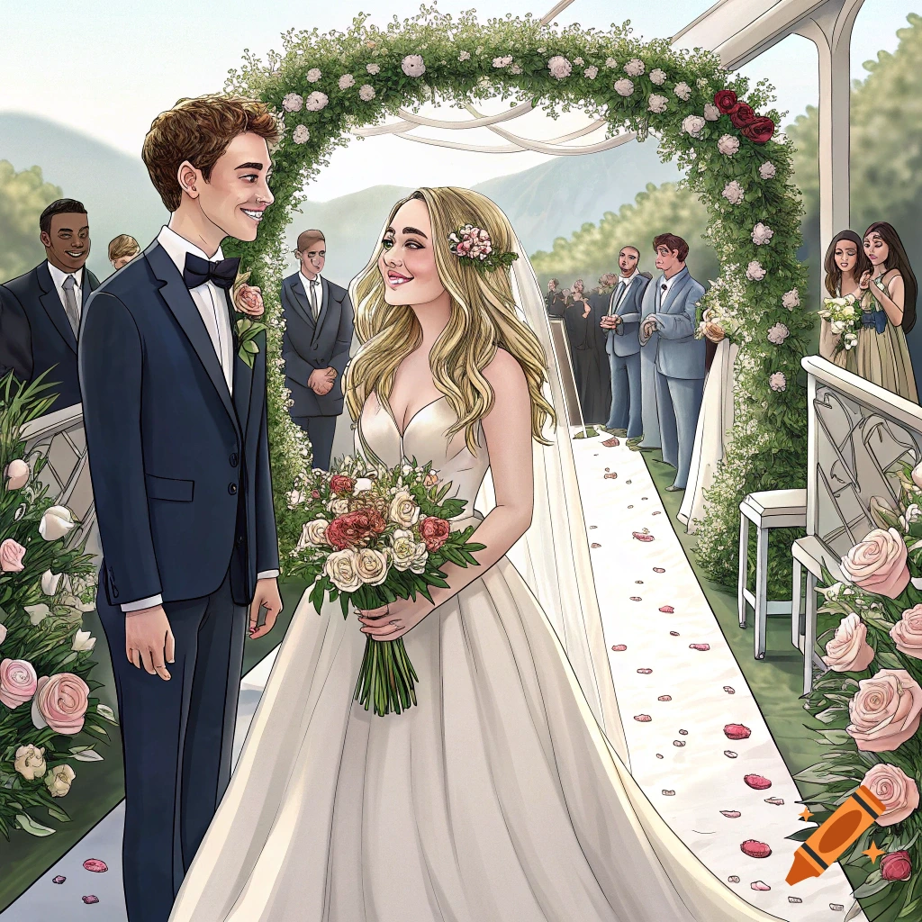 Illustrative scene of a wedding ceremony with a bride and groom under a floral arch.