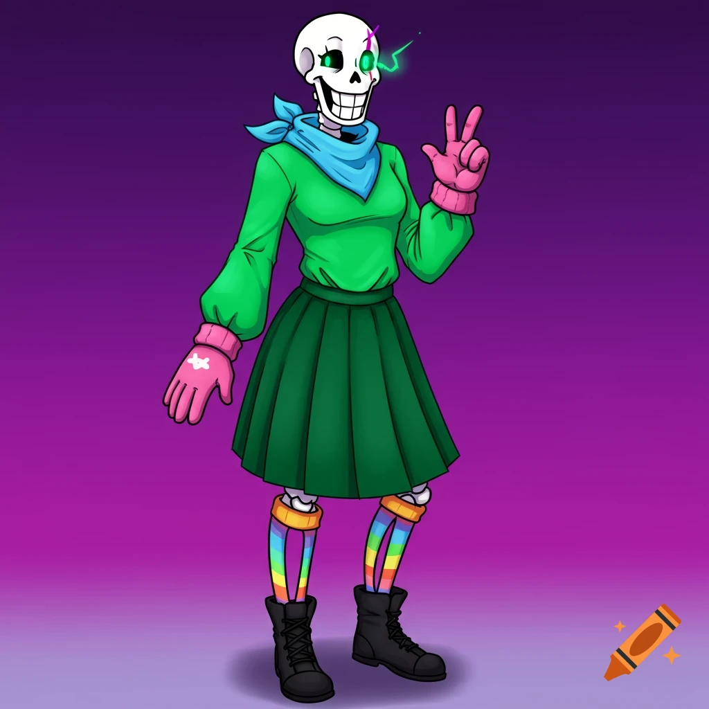 A skeleton character wearing a green blouse and skirt, blue bandana, pink gloves, rainbow socks, and black boots.