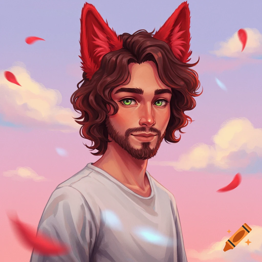 A man with red wolf ears stands against a pink and purple sky with clouds.