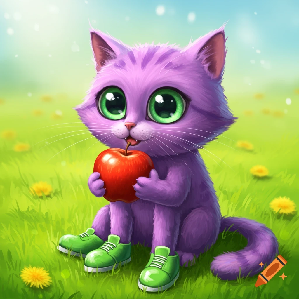 Cute purple cartoon cat with big green eyes and green shoes sitting in grass, holding a red apple
