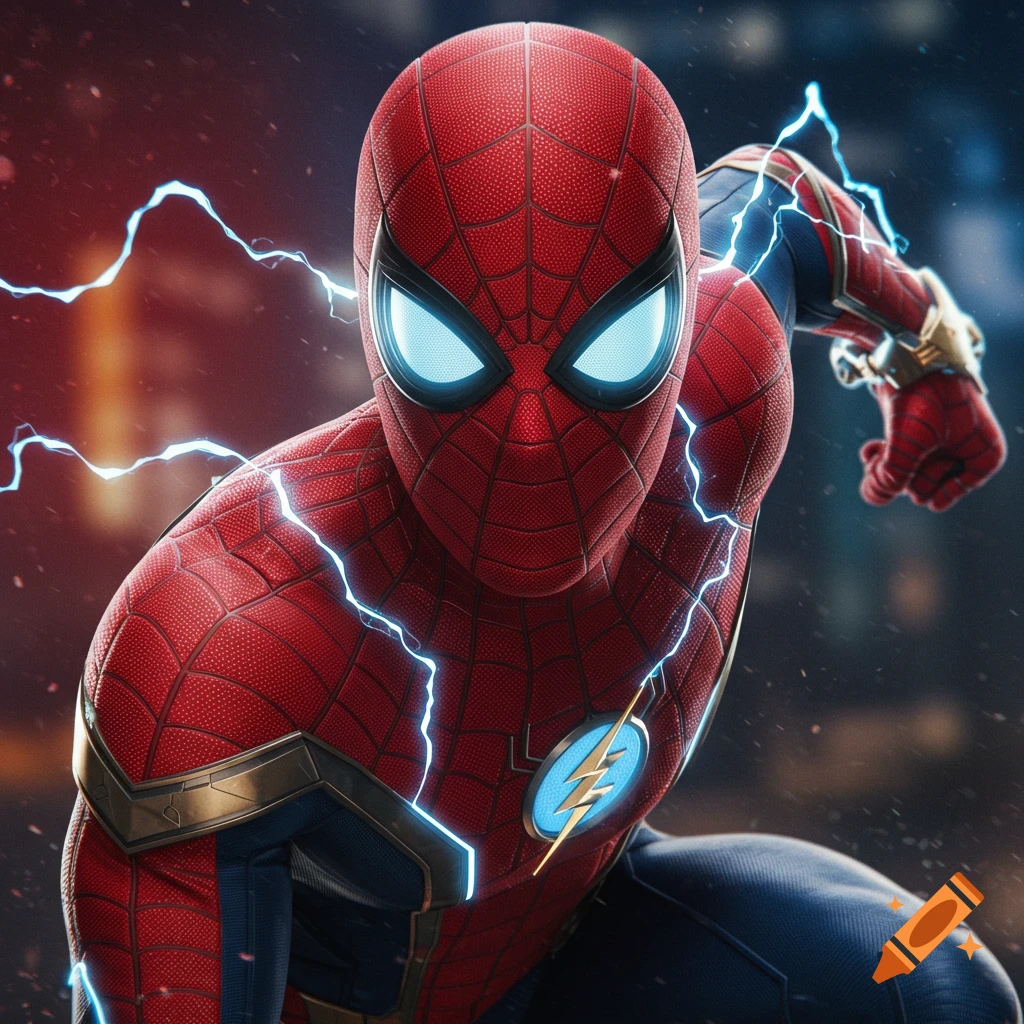 Close-up of a Spider-Man suit concept featuring a Flash lightning bolt emblem and lightning effects.
