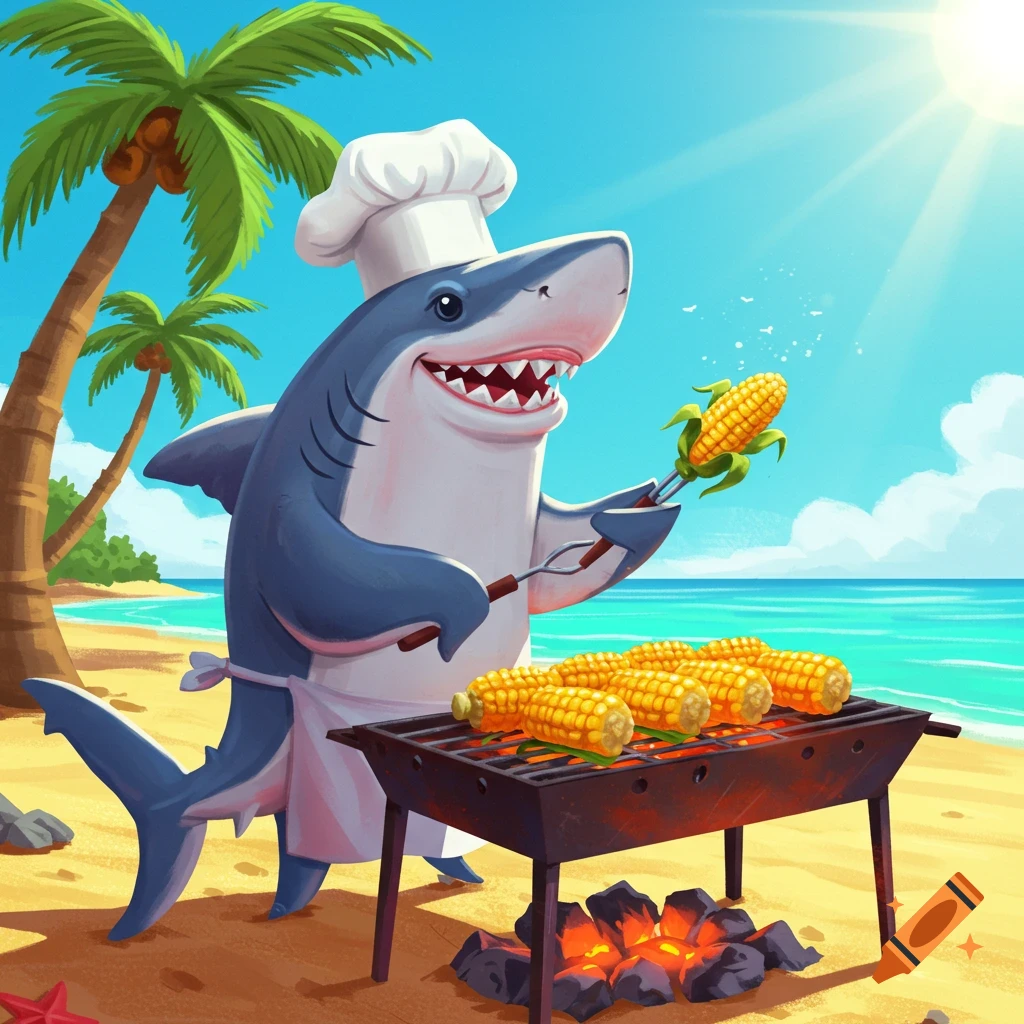 Cartoon shark chef barbecuing corn on a sunny beach