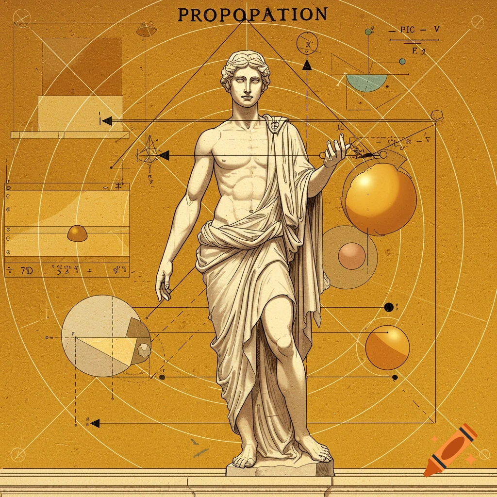 A classical statue standing in front of technical diagrams on a golden background.