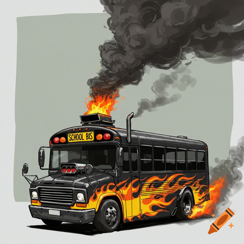 A stylized illustration of a black school bus with flames and dark smoke billowing from the roof and side.