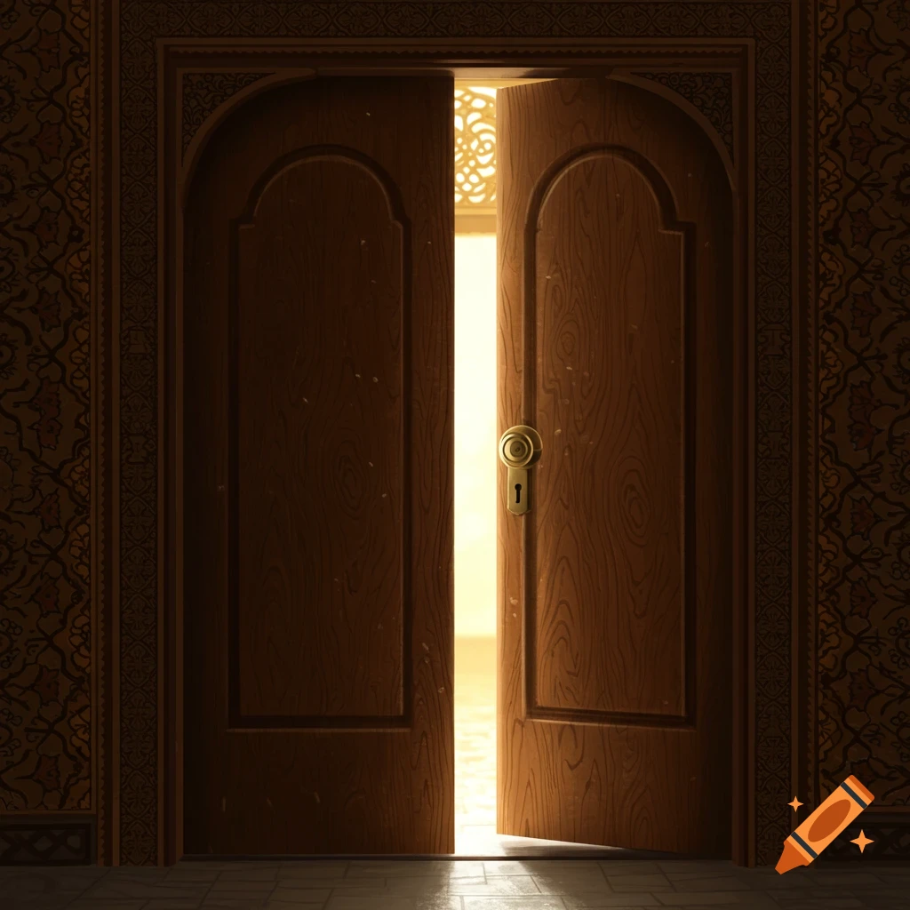 Ornate wooden double doors opening into a brightly lit room.
