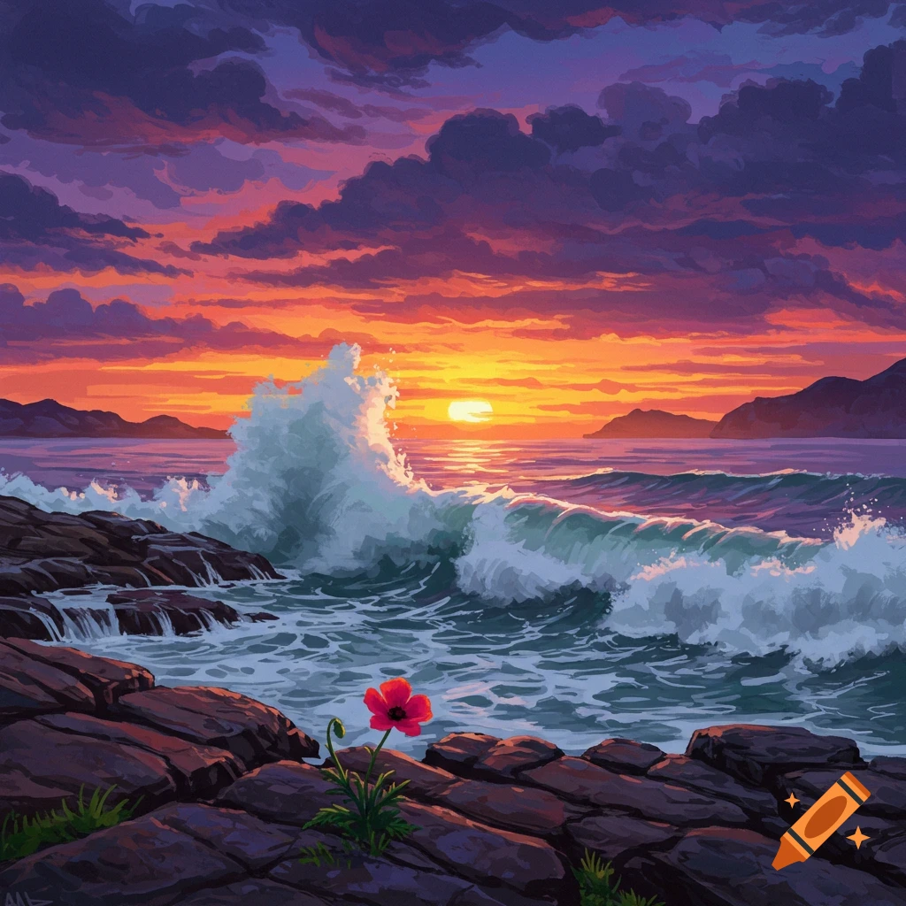 Waves crashing on a rocky coast under a stormy sunrise with a single red flower.