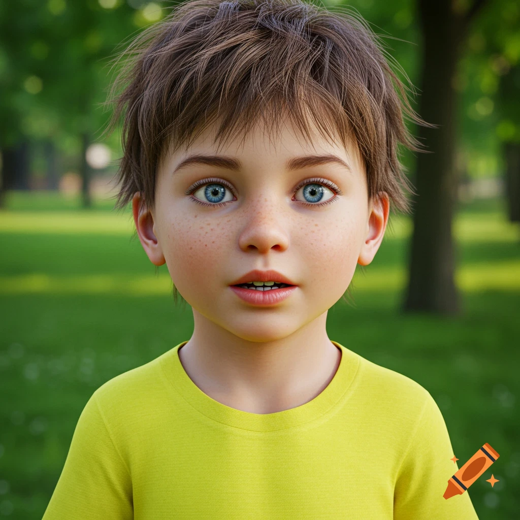 Realistic portrait of a young boy with blue eyes and freckles in a park.