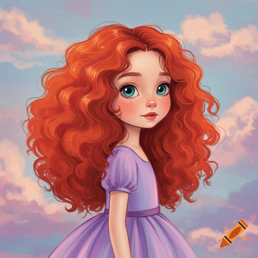 A whimsical young girl with red hair in a purple dress against clouds