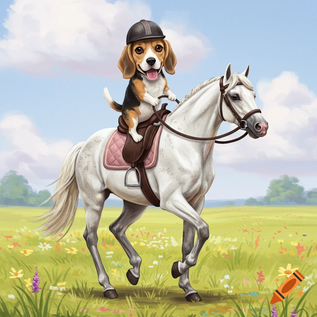 A beagle dog wearing a riding helmet and riding a white horse in a grassy field with flowers.