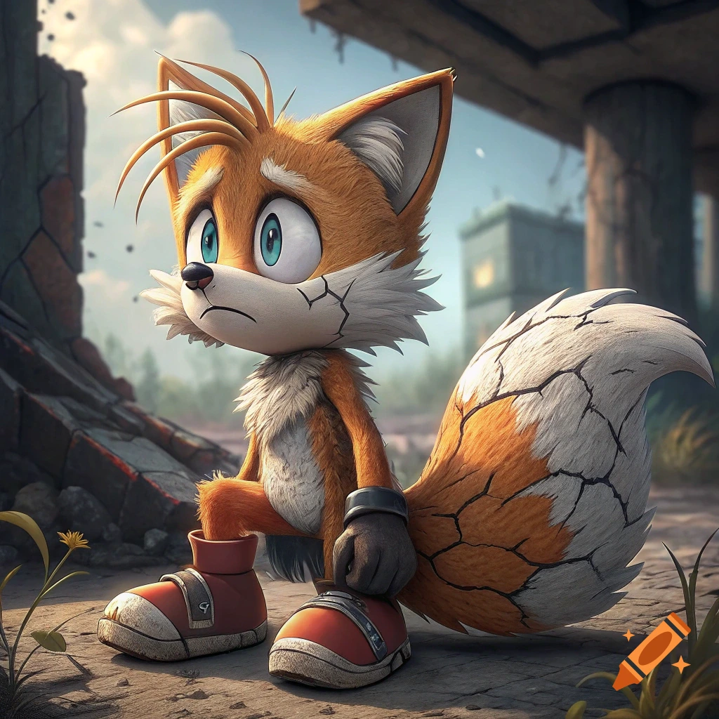 3D render of cracked Tails the Fox standing in a ruined city looking sad.