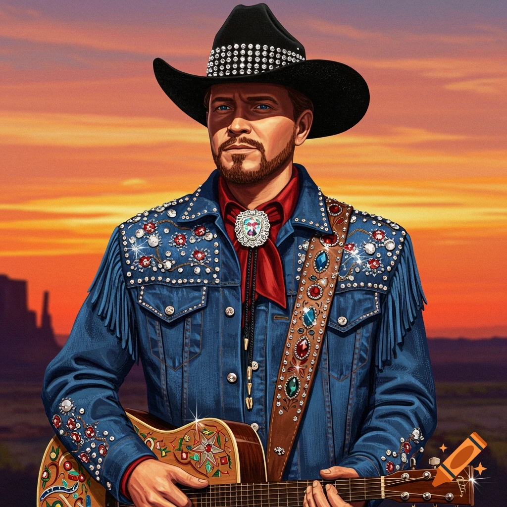 A rhinestone cowboy in a blue denim jacket and black hat holding a guitar at sunset.