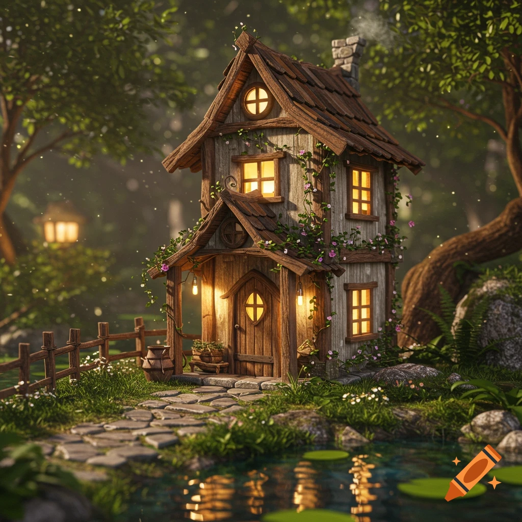 A beautiful 3D fantasy fairy house in a forest clearing next to a pond with lily pads.