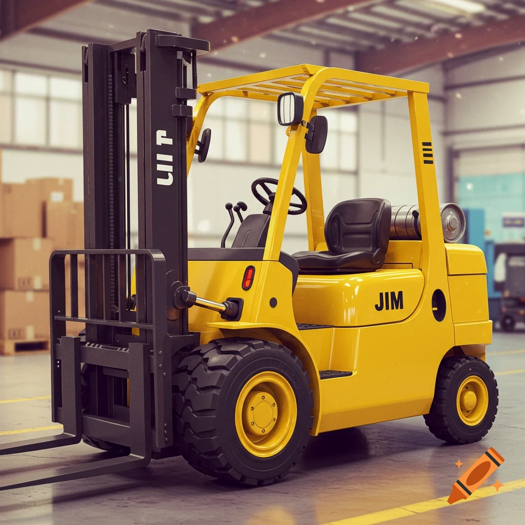 Yellow forklift labeled "JIM" in a warehouse