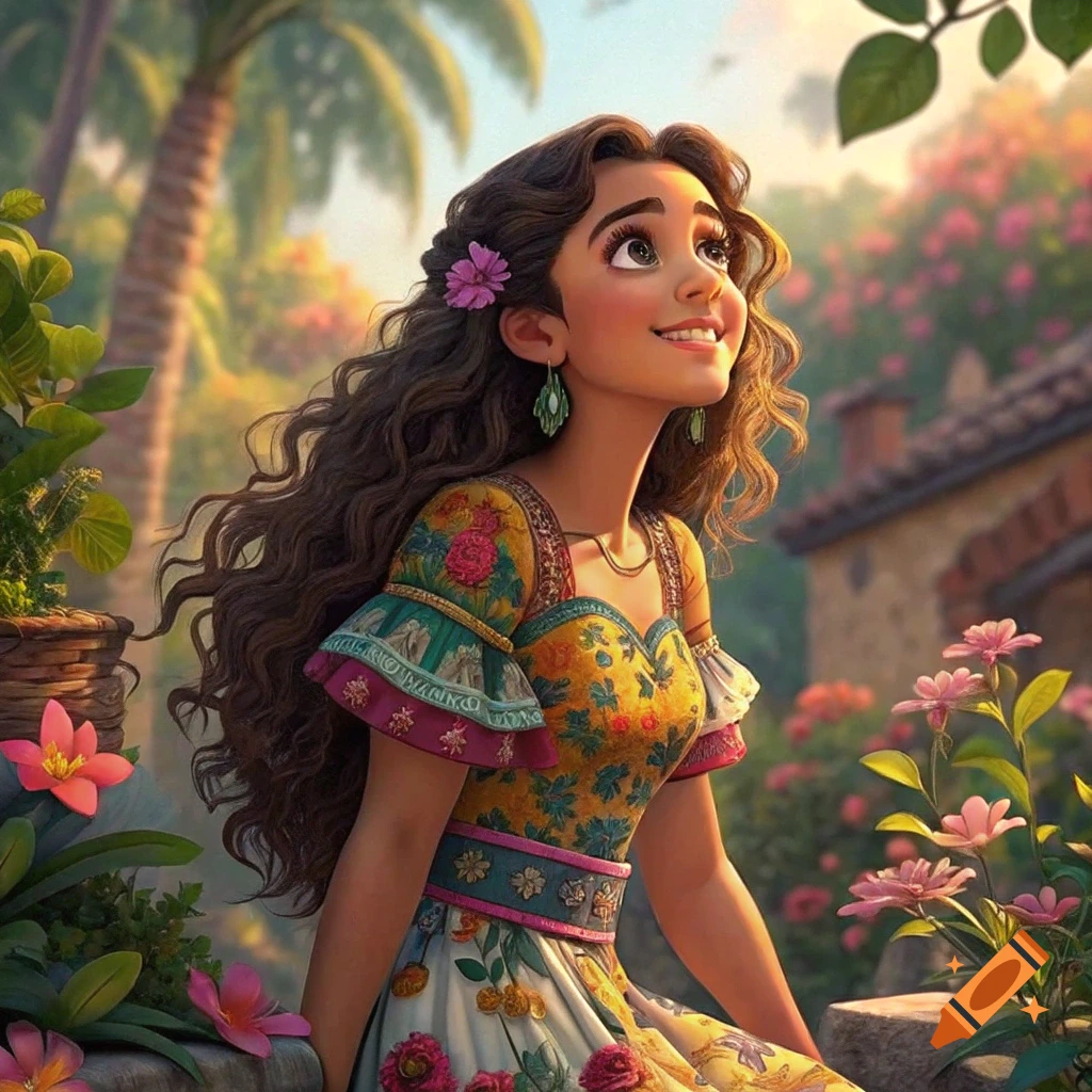 A cartoon girl with long brown hair looks up happily in a lush garden.