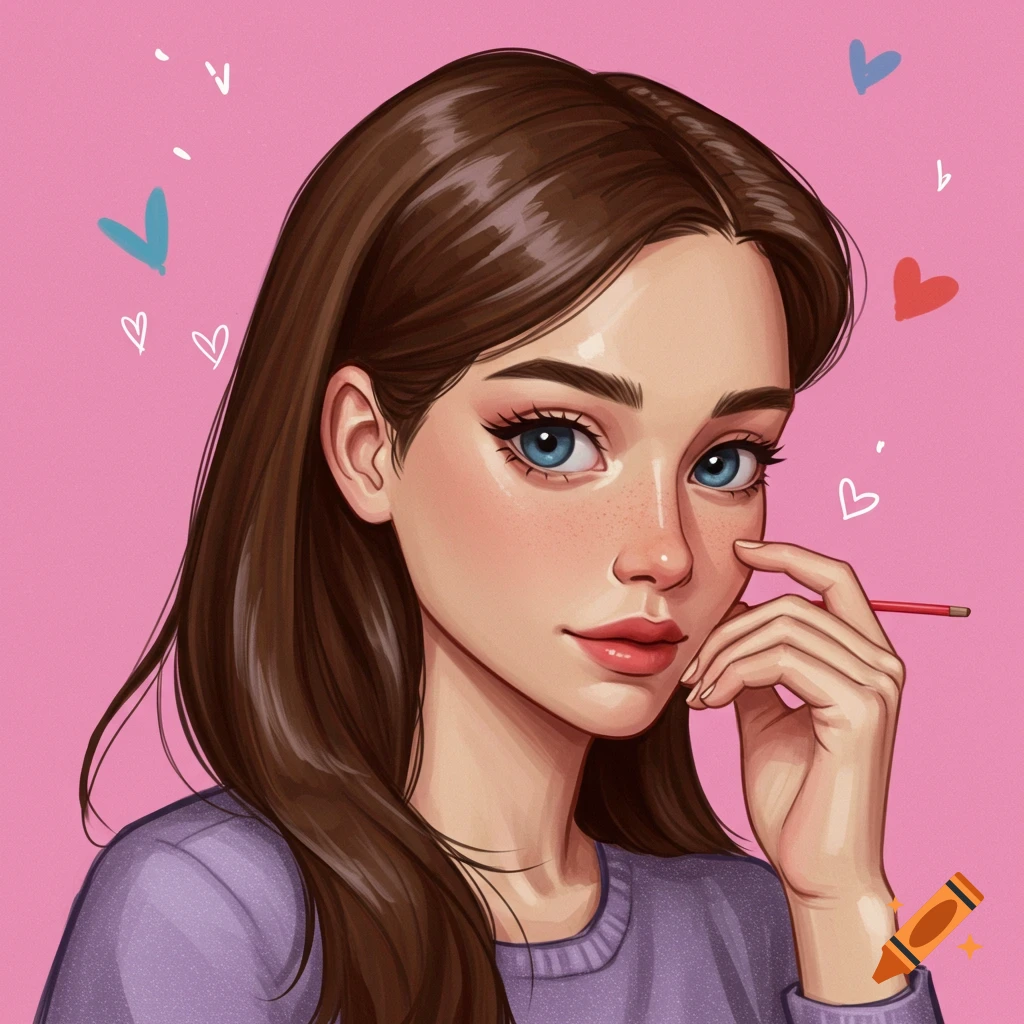 Image of a young woman with hearts on a pink background.