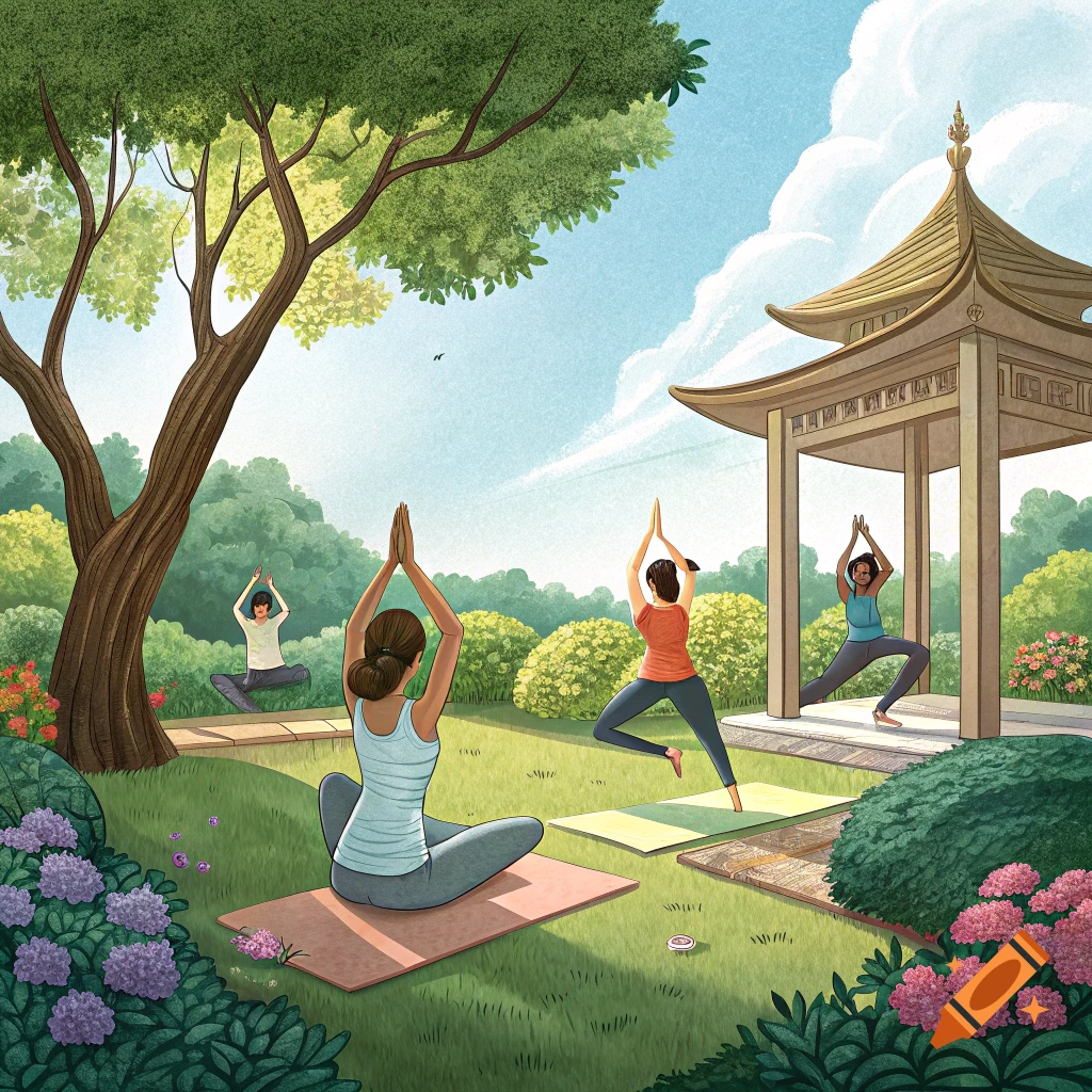 Illustration of people doing yoga on mats in a lush park with a gazebo.