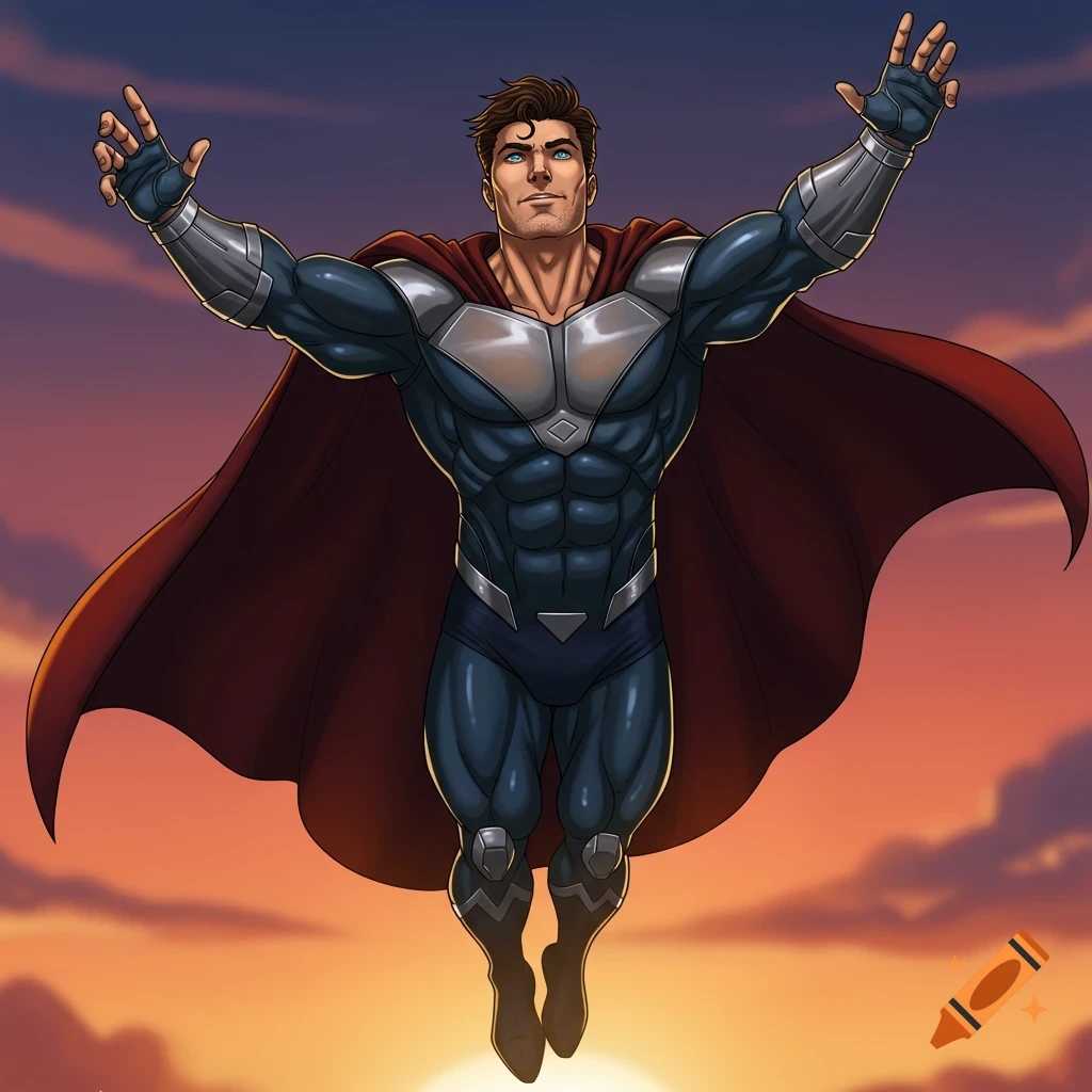 A superhero flying with arms raised against a sunset sky.