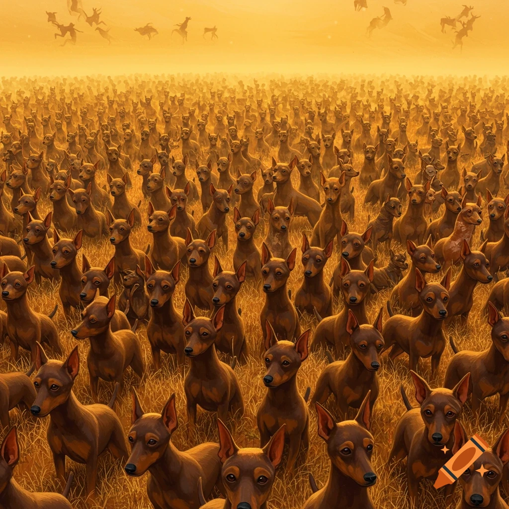A vast field filled with countless brown miniature pinscher dogs.