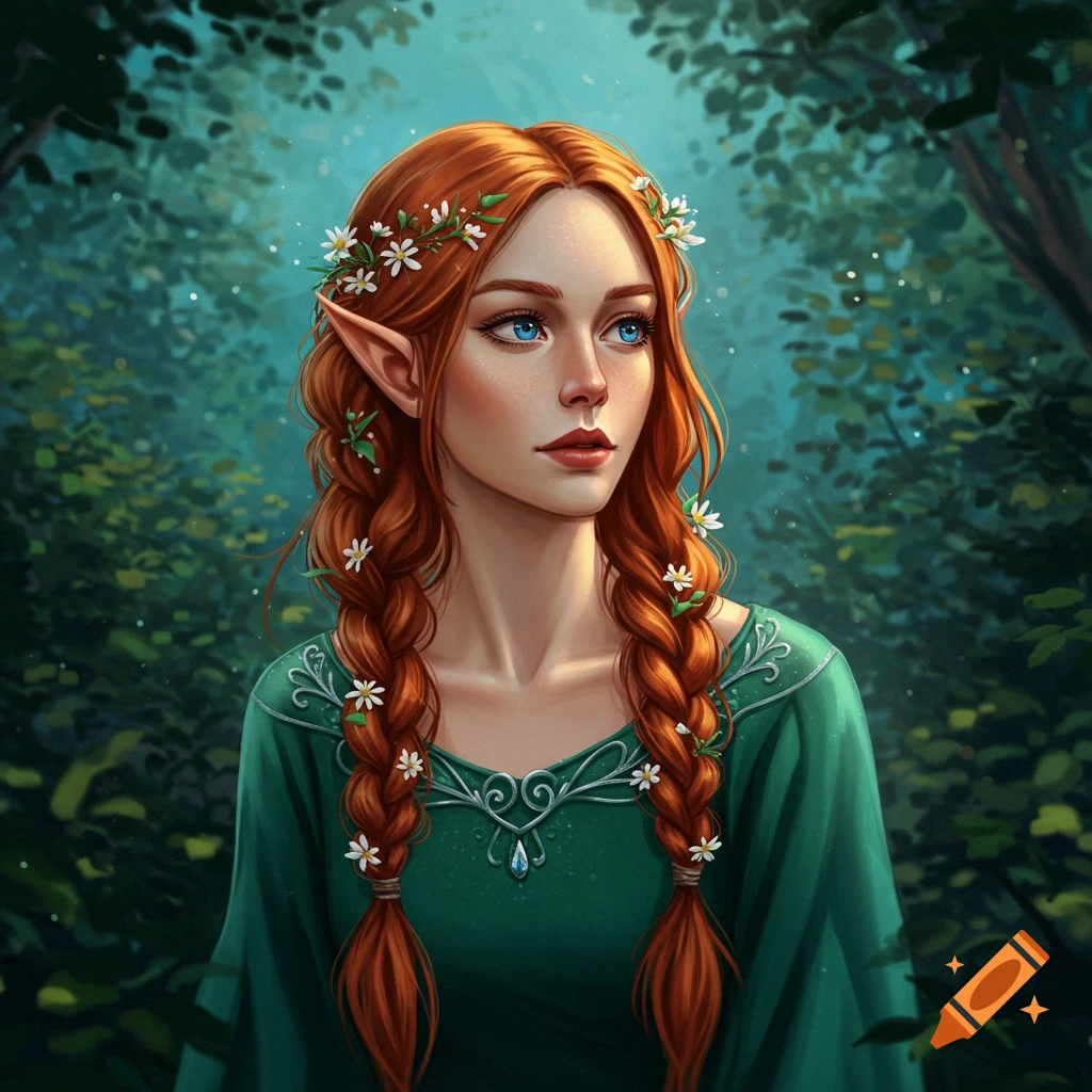 An elf woman with braided red hair and flowers in a forest.
