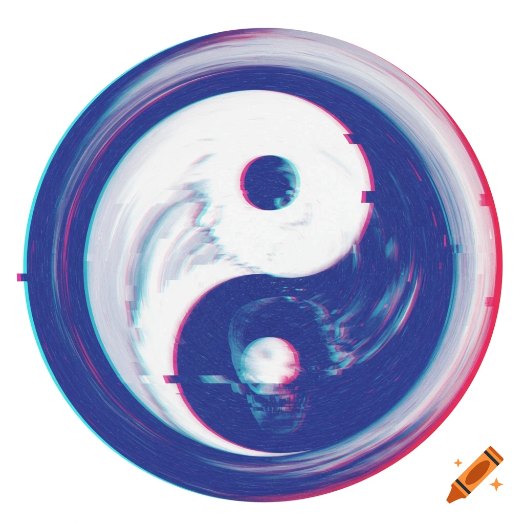 A glitch art depiction of a swirling Yin-Yang symbol with a ghostly skull in the blue side.